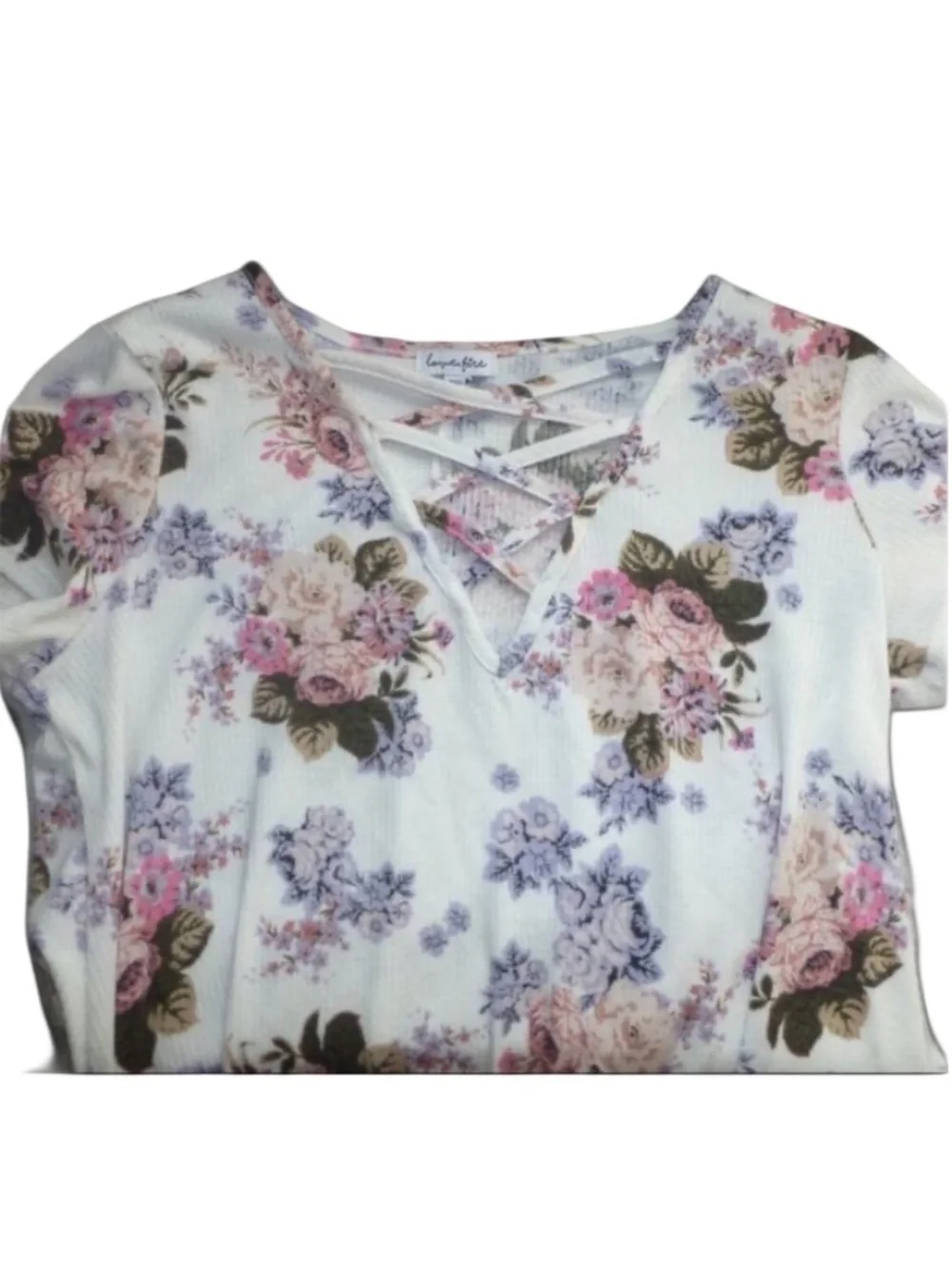 Love Fire, Short, A-Line Dress Strappy V-Neck, White Pink Purple Flower Summer M - Picture 9 of 9